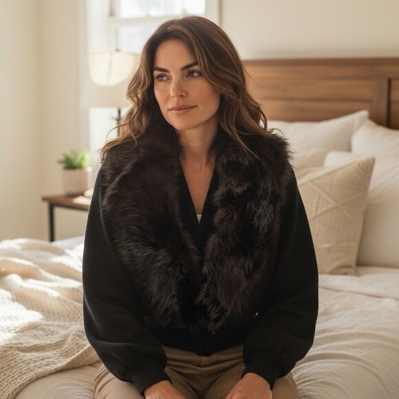 Vintage 1950s PAM STEWART Fur Collar Cardigan Sweater Wool Black Lace Mesh Lined - Picture 1 of 8